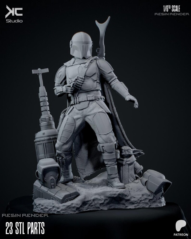 May include: A gray resin render of The Mandalorian action figure, standing on a rocky base with Grogu. The figure is holding a blaster, with a rifle on its back. The image includes the text "1/6th Scale Resin Render" and "23 STL Parts".