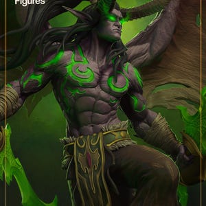 Może przedstawiać: Szczegółowa cyfrowa ilustracja umięśnionej, rogatej postaci demona z zielonymi świecącymi oczami i tatuażami. Postać trzyma zielone ostrze i ma duże skrzydła. Obraz zawiera tekst "nom nom Figures".