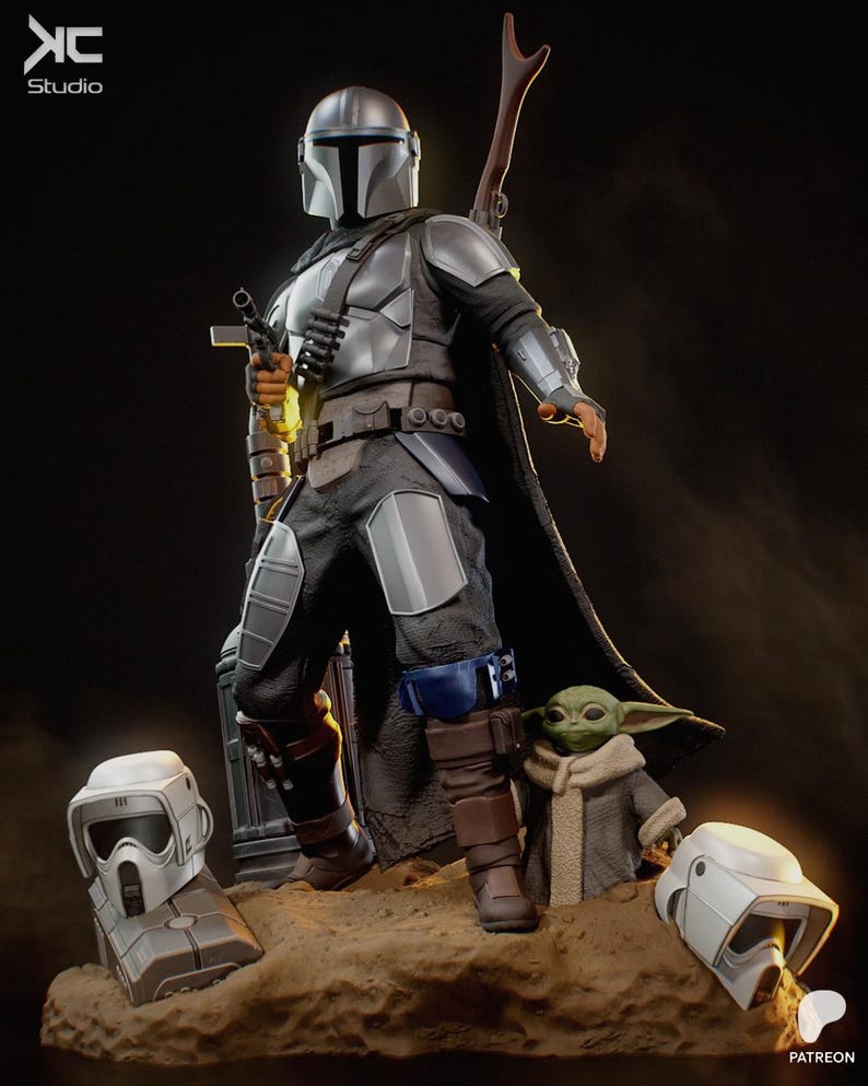 May include: A detailed figurine of The Mandalorian, clad in silver armor, holding a blaster and a rifle. The figure stands with Grogu, and two white helmets are at the base. The KC Studio logo is in the top left corner.