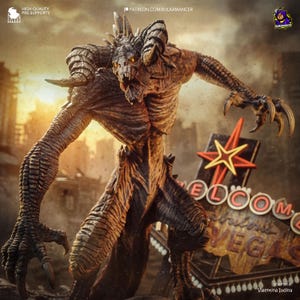 May include: A detailed digital sculpture of a monstrous creature with horns, sharp claws, and glowing eyes. The creature is brown and tan, with a menacing expression. The background includes a "Welcome to Las Vegas" sign.