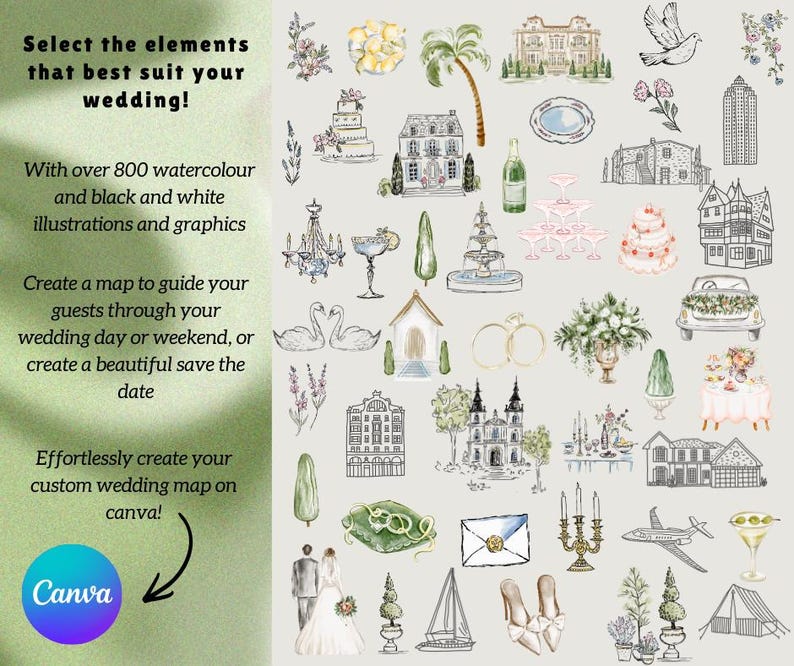 Creador de mapas de boda DIY, mapas de boda personalizados, mapas para guardar la fecha y mapas de itinerario, plantilla de invitación de mapa de boda, ilustración de mapa de boda imagen 3