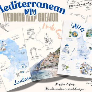 May include: Three watercolor wedding map designs with Mediterranean themes. The maps feature illustrations of Santorini, the Amalfi Coast, and Greece, with text that reads "Mediterranean DIY Wedding Map Creator". The maps are perfect for destination weddings.
