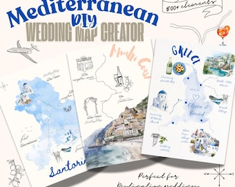 Creador de mapas de bodas de destino DIY, mapas de bodas personalizados, bodas mediterráneas, ilustraciones en acuarela, creador de plantillas de mapas para bodas