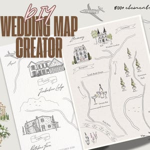 Creador de mapas de boda DIY, mapas de boda personalizados, mapas para guardar la fecha y mapas de itinerario, plantilla de invitación de mapa de boda, ilustración de mapa de boda