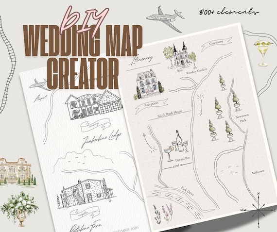DIY Wedding Map Creator, Custom Wedding Maps, Save the Date Maps & Itinerary Maps, Wedding Map Invitation Template, wedding map illustration