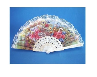 Abanico de mano español chino vintage de madera blanca estilo Feng Shui para coleccionar, eventos o espectáculos, hermoso abanico de mano de madera vibrante con paño