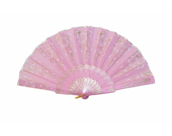 Vintage Feng Shui Pink Chinese Hand Fan for collecting, events or shows, beautiful vibrant pink hand fan is embroidered with gold florals