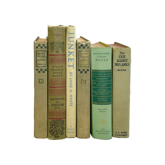 Random Books of green Vintage and Antique books that are published between 1800-1960, Shades of green 5 Count Old Vintage Antique hardcover
