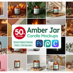 May include: A collection of amber jar candle mockups. Each candle has a lit wick and a label that says "your design here". The image includes various backgrounds, such as plants, wood, and decorative items. The text "50+ Amber Jar Candle Mockups" is also visible.