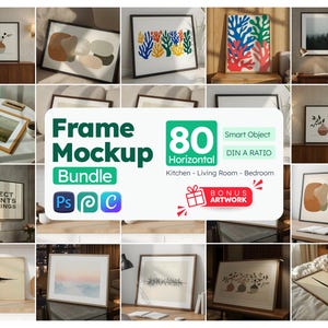 May include: A collection of framed art prints and mockups, showcasing various designs and styles. The images include abstract art, landscapes, and botanical illustrations. The text "Frame Mockup Bundle" is visible, along with the words "Collect Moments Not Things".