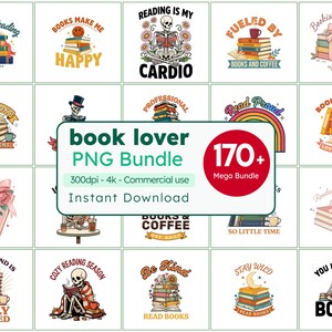 Amoureux des livres PNG Mega Bundle, plus de 170 citations livresques rétro sublimation, lecture cardio-book bibliothécaire collectionneur chemise, téléchargement immédiat
