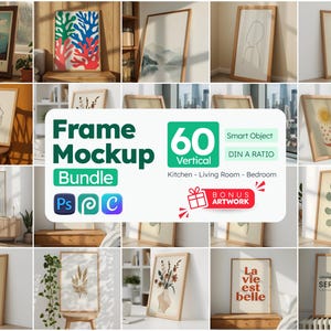 Paquete de 60 maquetas de marcos: Arte de pared bohemio, maqueta de marco de 8x10, marco de fotos sencillo, arte de pared escandinavo, marco de cocina vertical (PSD y JPG)