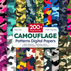 Puede incluir: Una colección de patrones de camuflaje digitales en varios colores, incluyendo rosa, verde, azul y gris. La imagen presenta una variedad de diseños de camuflaje, con el texto "CAMOUFLAGE Patterns Digital Papers" y "200+ Mega Bundle".