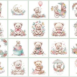 May include: A collection of twenty watercolour illustrations featuring light brown teddy bears in various scenes, including sitting with flowers, sleeping on a crescent moon, holding balloons, riding in a carriage, and floating in a hot air balloon.