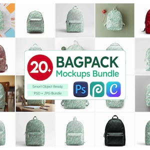 May include: A collection of backpacks in various colors and designs, including green, red, and black. The image features a bundle of mockups with the text "20+ BAGPACK Mockups Bundle" and icons for Photoshop, Procreate, and Canva. The backpacks have a textured pattern.