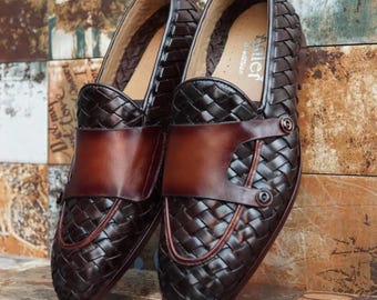 Mocasines de cuero tejido hechos a mano para hombre, zapatos de vestir sin cordones, zapatos planos formales para la oficina.