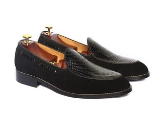 Handgefertigte Herren Schwarz Leder Wildleder Penny Loafer Schuhe, Herren Designer Kleid Formelle Luxusschuhe