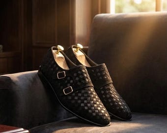 Handgefertigte gewebte Leder Doppel Monk Strap Schuhe für Herren - Brauner Luxus Lederschuh