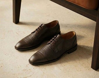Handmade Brown Woven Leather Oxford Shoes: Elegant Braided Lace-Up Dress Shoes