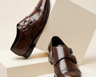 Handmade Brown Leather Double Monk Strap Oxford Cap Toe Dress Shoe, Bespoke Men's Monk
