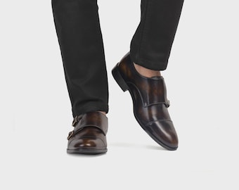 Handmade Men's Dark Brown Leather Monk Strap Shoes, Bespoke Monk Dress Shoes, Luxury Wedding Footwear, Custom Formal Loafers for Men
