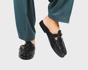 Handgefertigte echte schwarze Leder Mule Loafers Herren, rückenfreier Slip-on für Herren, Schnallenschuhe