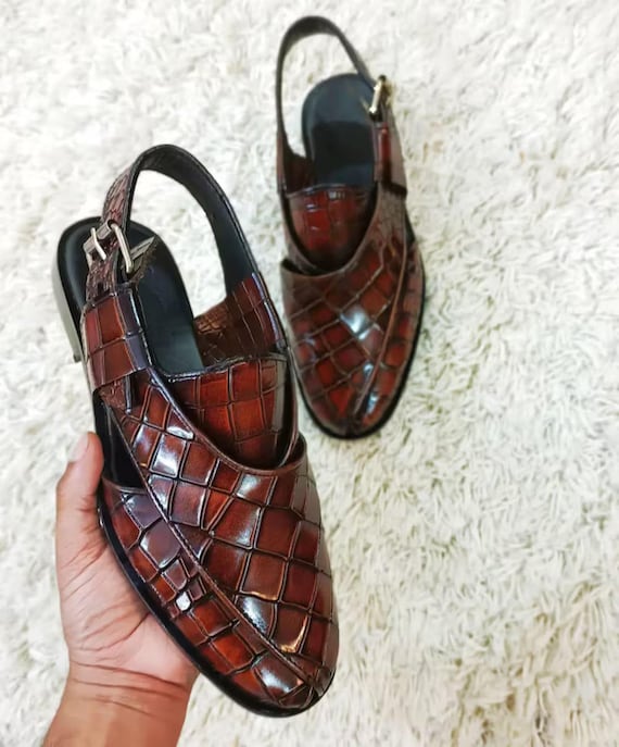 Handmade Brown Alligator Embossed Leather Peshawari Chappal: Men's Authentic Sandals