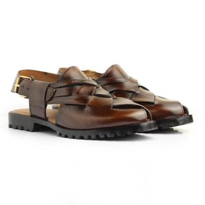 Handmade burnished brown leather for men featuring a woven closed-toe upper, adjustable slingback buckle, peep-toe design, and rugged lug sole, ideal for summer, vacations, walking, and smart casual wear.