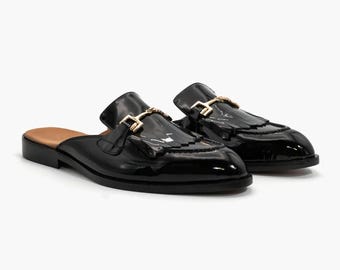 Men’s Black Leather Horsebit Mules – Handmade Backless Loafers - Men Leather Slippers