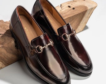 Handmade Men's Oxblood Leather Horsebit Loafers | Burgundy Dress Shoes