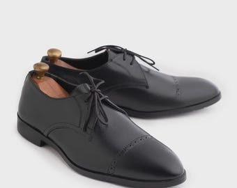 Men's Black Leather Cap-Toe Oxford Dress Shoes | Hand-Stitched Brogue Boots
