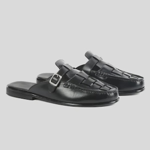 Handmade Genuine Black Leather Mule Loafers Men, Backless Slip On For Men, Buckle Shoes