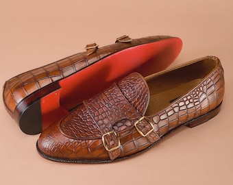 Men Handmade Brown Crocodile Embossed Leather Double Monk Strap Dress Shoes
