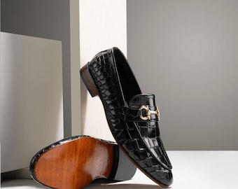 Handcrafted Men’s Crocodile Shoes – Elegant Handmade Men’s Leather Formal Shoes in Black