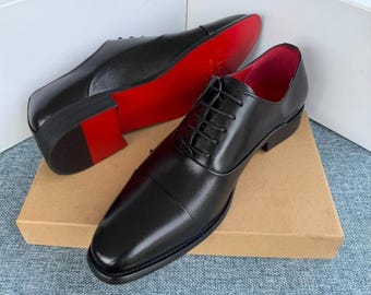 Handmade Black Calf Leather Red sole Shoes, Men's Oxford Brogue Shoe