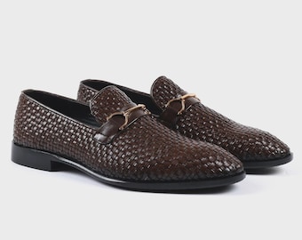 Handmade Brown Woven Leather Loafers – Men’s Italian Horsebit Slip-On Dress Shoes