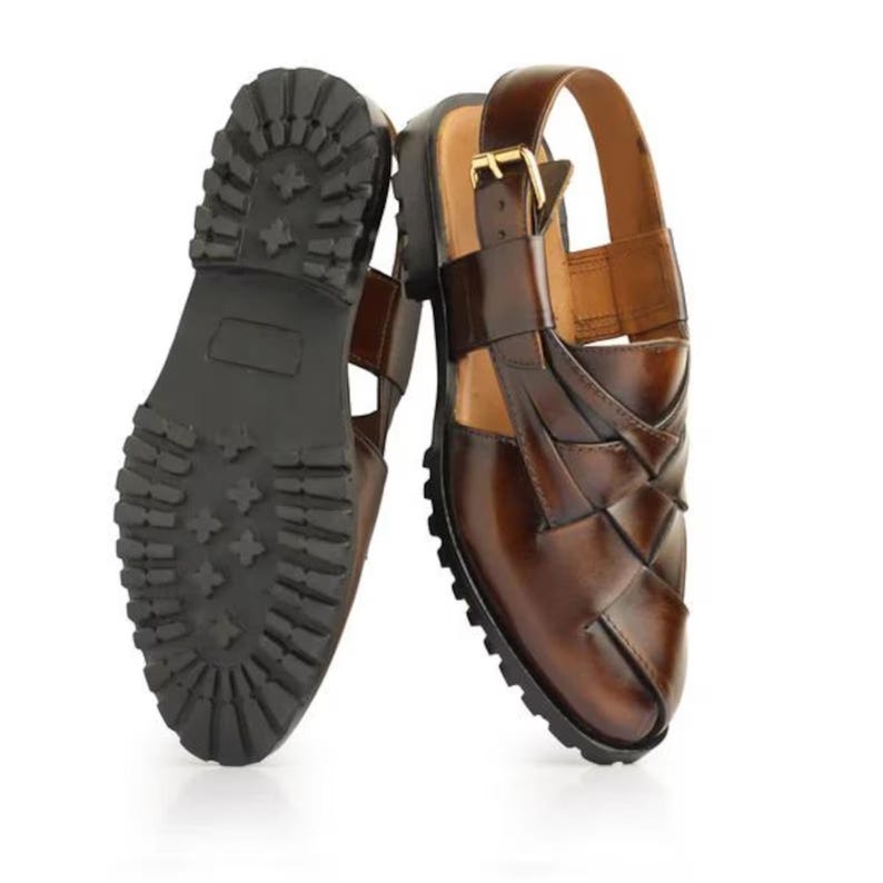 Handmade burnished brown leather for men featuring a woven closed-toe upper, adjustable slingback buckle, peep-toe design, and rugged lug sole, ideal for summer, vacations, walking, and smart casual wear.