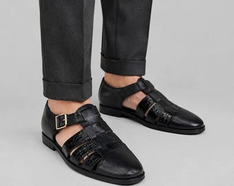 Men's Black Full Grain Leather Fisherman Sandals – Woven Strap Summer Shoes