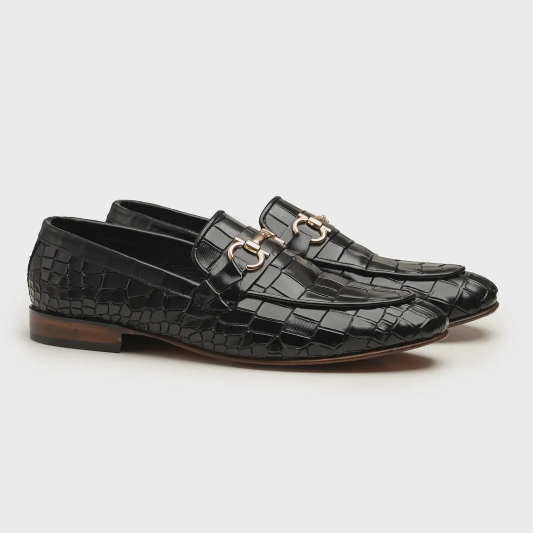Handmade Crocodile Embossed Leather Loafers: Black Horsebit Slip-ons - Etsy