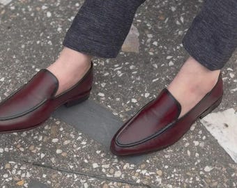 Handmade Leather Men's Loafers | Elegant Burnished Brown Slip-On Dress Shoes | Formal Shoes