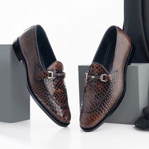 Brown Python Texture Leather Loafers Mens Luxury Slip On