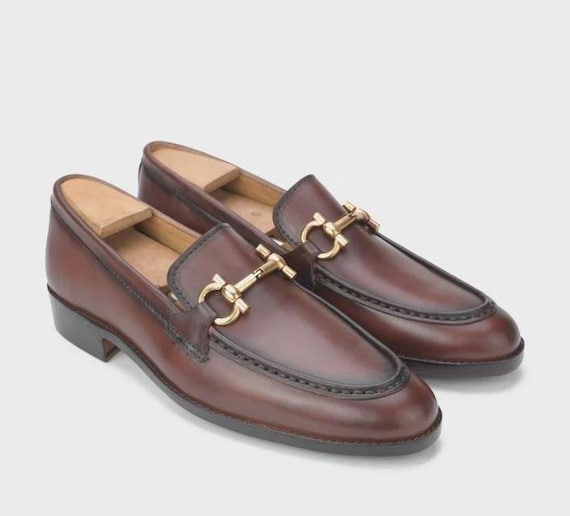 Handmade Brown Gold Horsebit Loafers | Men's Classic Leather Slip-On Dress Shoes