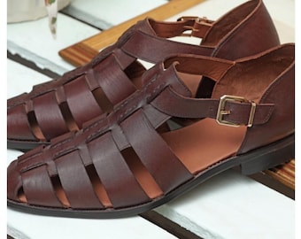 Handmade Leather Loafers | Men's Brown Slip-On Fisherman Sandals | Summer Beach Shoes