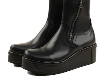 Botines de cuero hechos a mano para mujer, botines de vestir con suela gruesa, botín con cremallera.