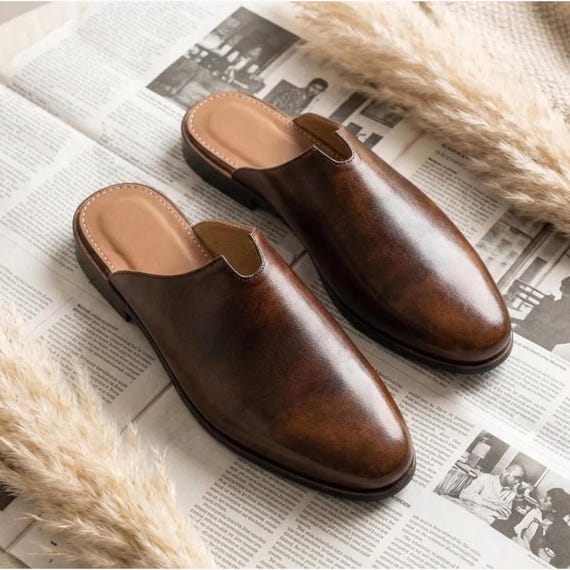 mens backless dress shoes Men's Brown Leather Mule Loafers Handmade Slip on Leather mules