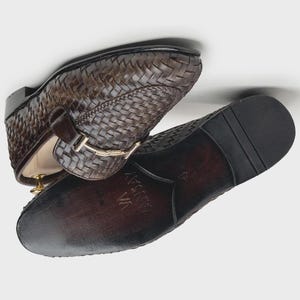 Handcrafted Woven Leather Penny Loafers, full grain calfskin, handstitched sole, slip on dress shoe, brown, men’s sizes