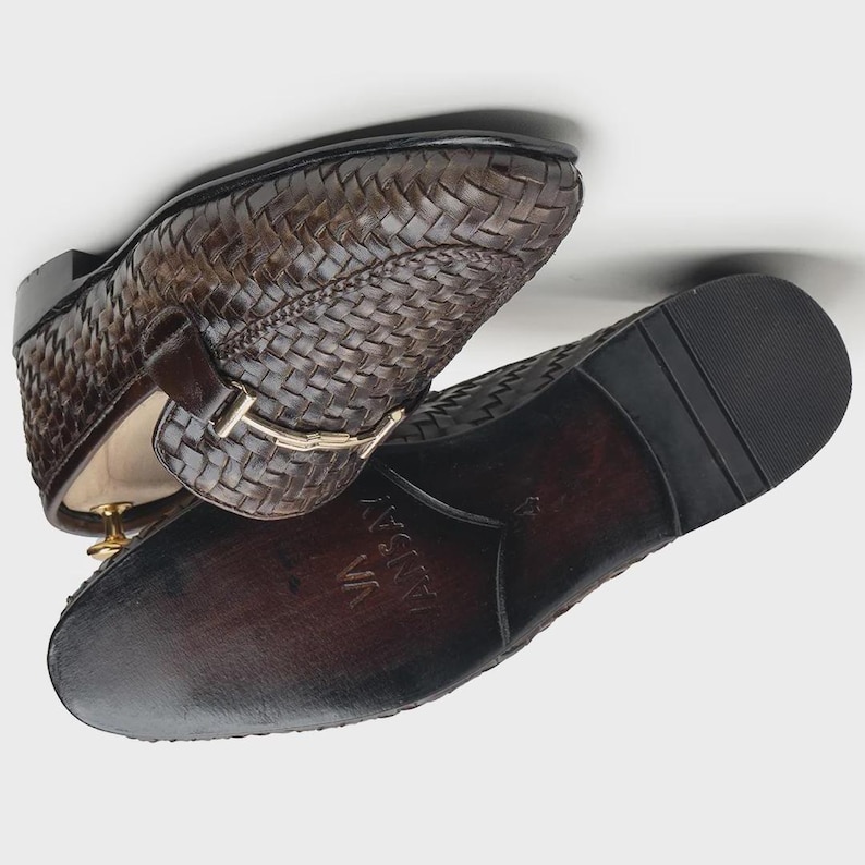 Handcrafted Woven Leather Penny Loafers, full grain calfskin, handstitched sole, slip on dress shoe, brown, men’s sizes