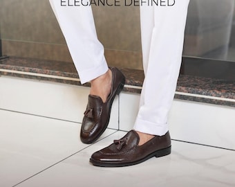Handmade Men's Genuine Leather Dark Brown Tassel Loafers Formal Dress Shoes Boot