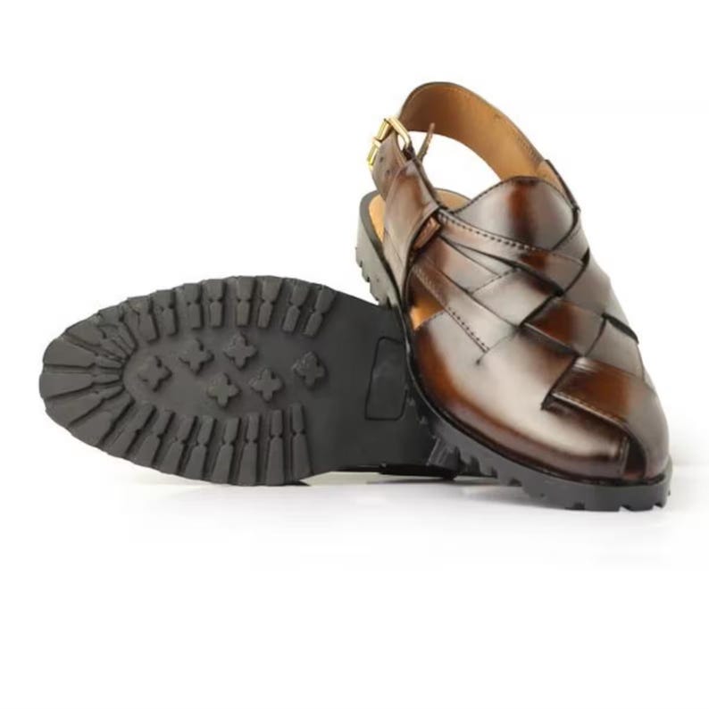 Handmade burnished brown leather for men featuring a woven closed-toe upper, adjustable slingback buckle, peep-toe design, and rugged lug sole, ideal for summer, vacations, walking, and smart casual wear.