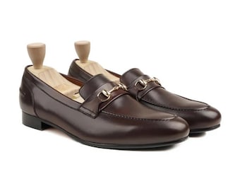Handmade Brown Leather Loafers: Gold Horsebit Slip-On Dress Shoes